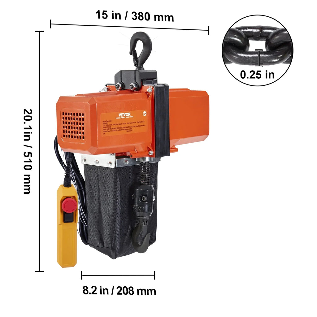 Electric Chain Hoist Single Phase Crane Hoist 1100 lbs Load 15 ft Lifting