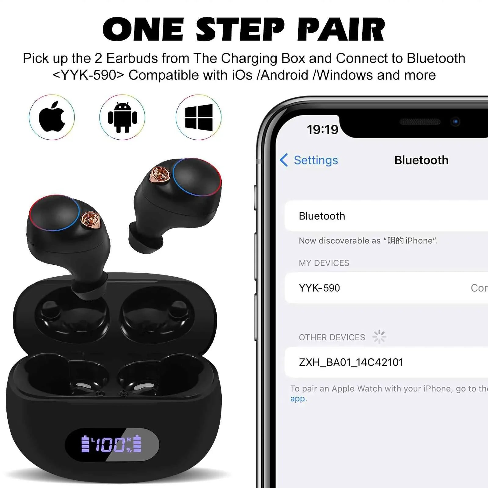 UrbanX True Wireless Bluetooth Earbuds + Charging Case, Black, Dual Connect, IPX5 Water Resistance, Bluetooth 5.2 Connection, Balanced, Bass Boost Compatible with Lenovo K10 Plus