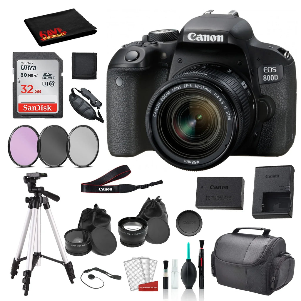 Canon  800D (Rebel T7i) 18-55mm   Lens  Bundle  SanDisk 32gb  Card + 3PC Filter Kit