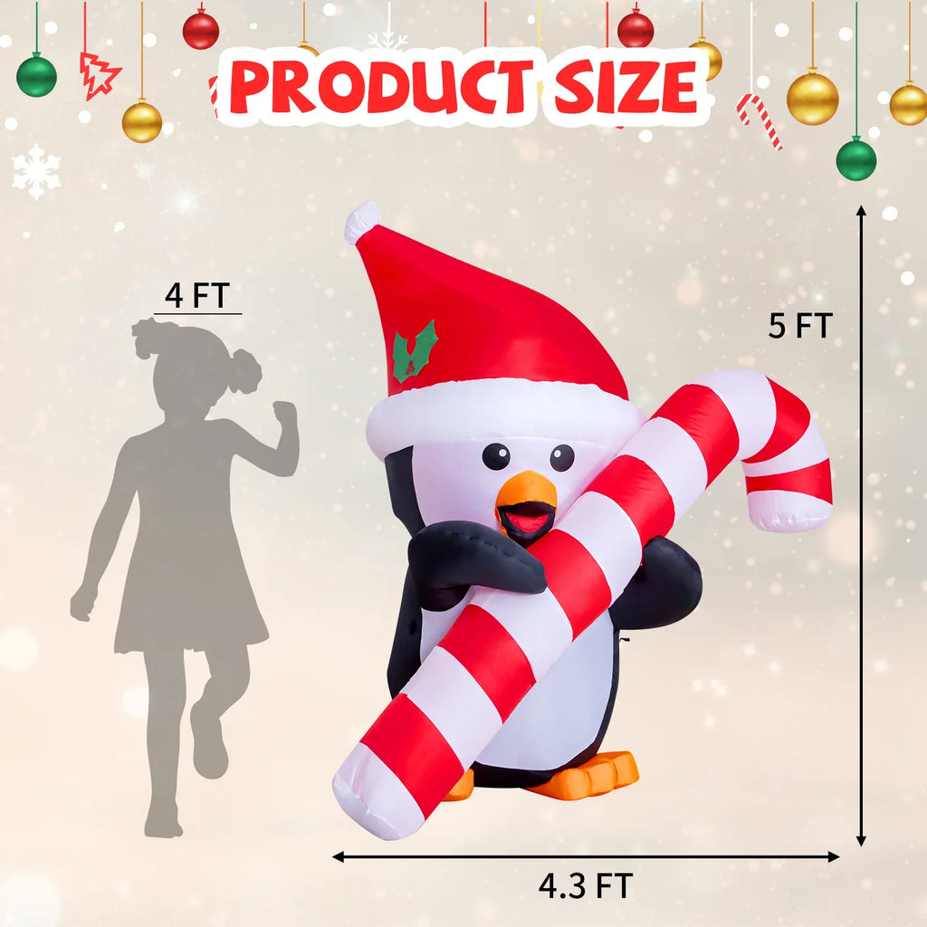 5ft Christmas Inflatables Outdoor Decorations, Blow Up Penguin with Candy Cane Inflatable Built-in LEDs for Christmas Indoor Outdoor Yard Lawn Garden Decorations