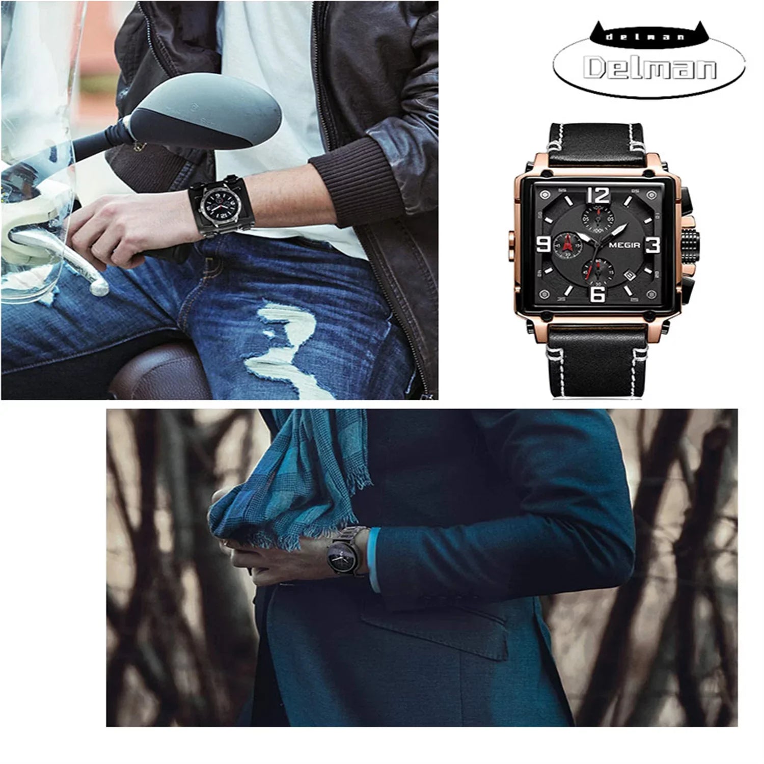 Men's Fashion Leather Strap Quartz Watches Luxury Square Dial Chronograph Wristwatch Casual Waterproof Luminous Watch for Man