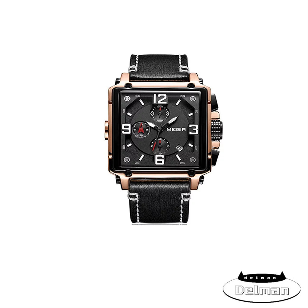 Men's Fashion Leather Strap Quartz Watches Luxury Square Dial Chronograph Wristwatch Casual Waterproof Luminous Watch for Man
