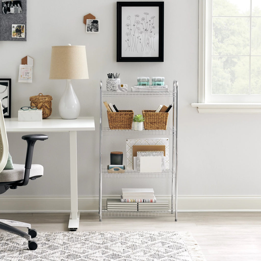 Rubbermaid Freestanding 4-Tier Multipurpose Wire Shelving Unit, Satin Nickel.