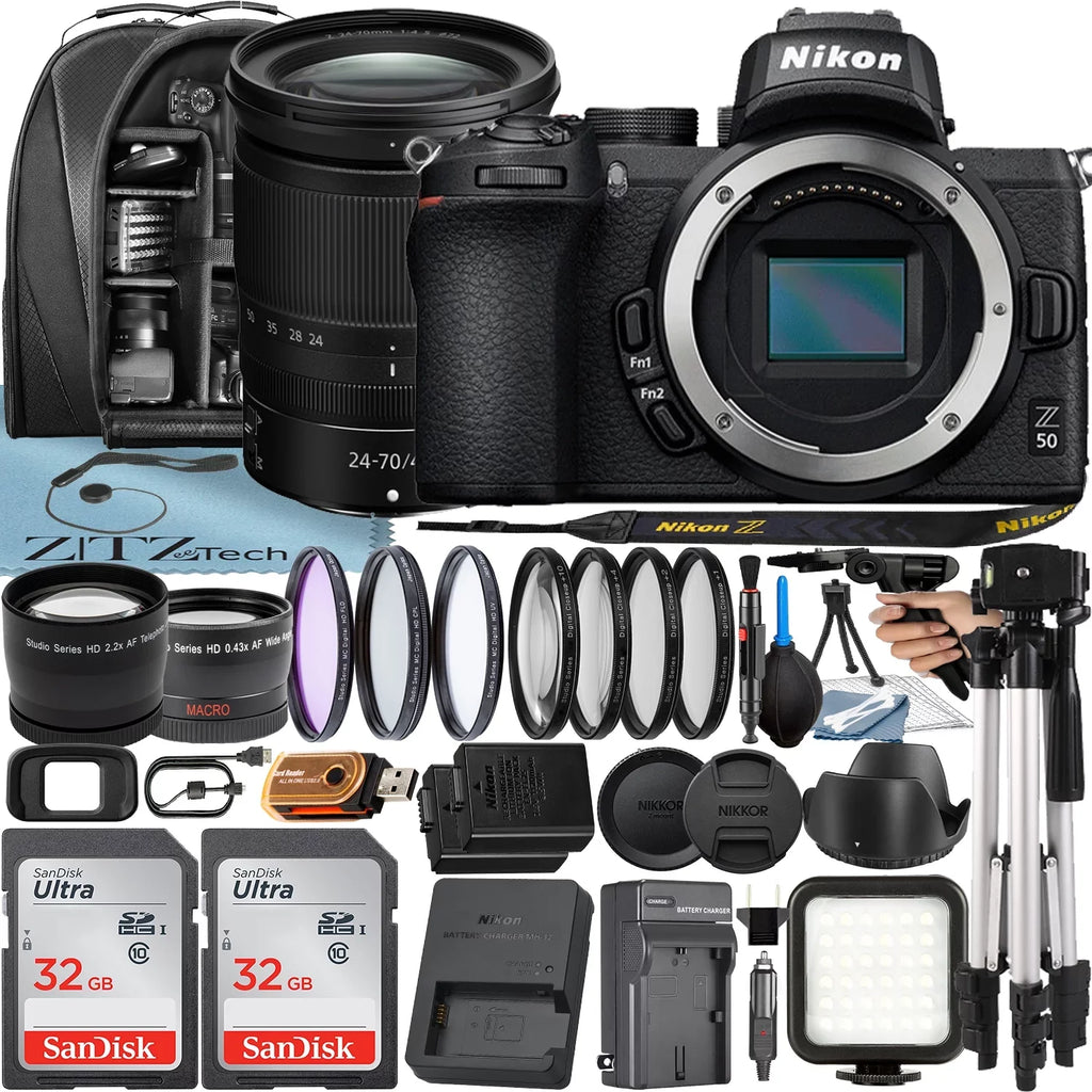 Nikon Z50 Mirrorless Camera with  Z 24-70mm f/4 S Lens + 2 Pack 32GB SanDisk Card + Case + Tripod + ZeeTech Accessory Bundle