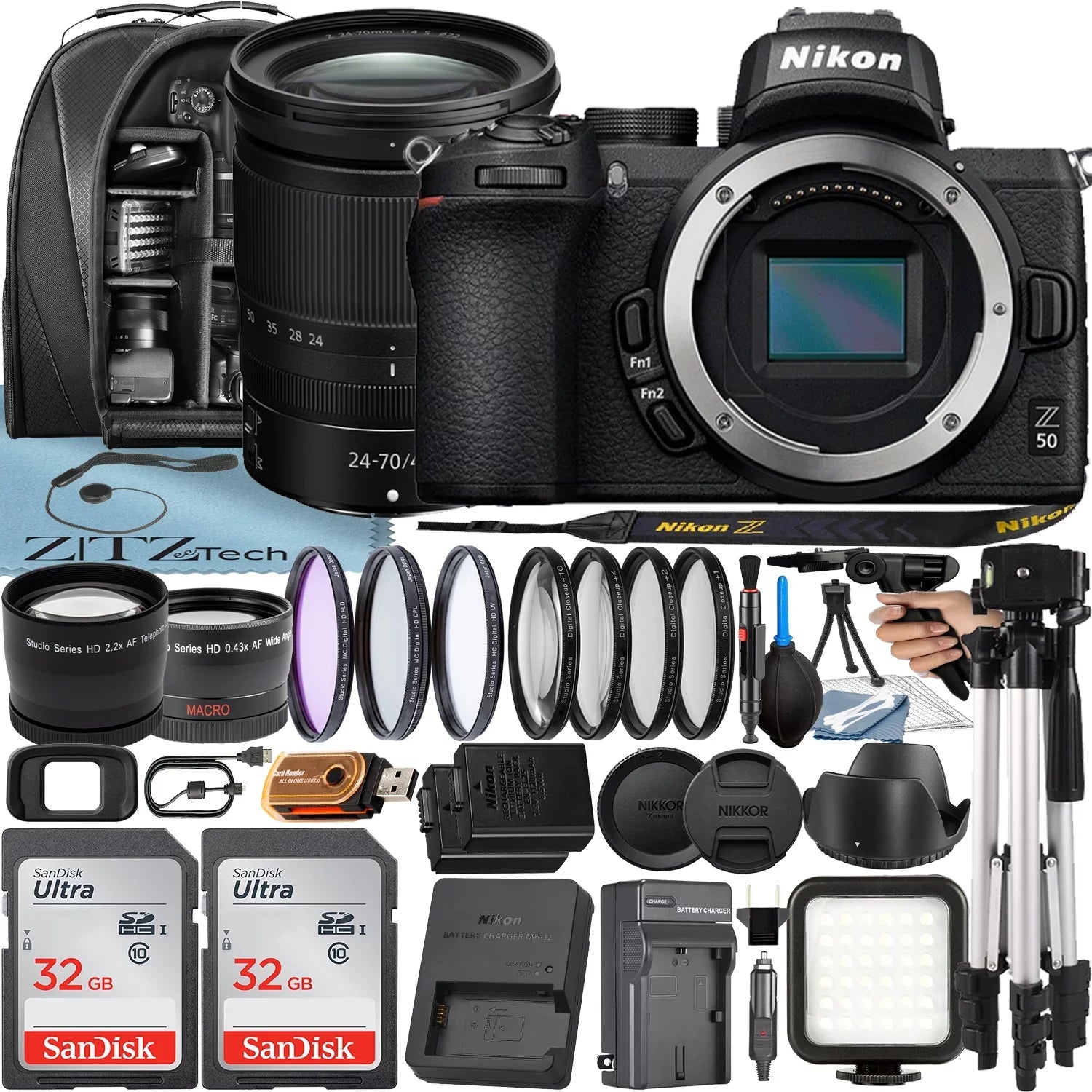 Nikon Z50 Mirrorless Camera with  Z 24-70mm f/4 S Lens + 2 Pack 32GB SanDisk Card + Case + Tripod + ZeeTech Accessory Bundle