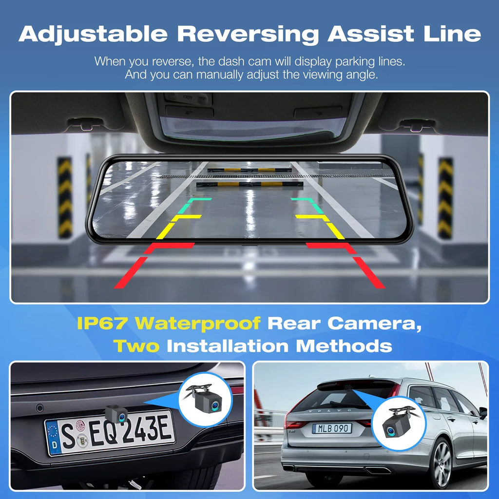 Backup Camera Rear View Mirror Camera, 10" Touch Screen 4K+1080P Front and Rear Dash Cam, with 64GB Memory Card, Parking Assist, Parking Monitoring,