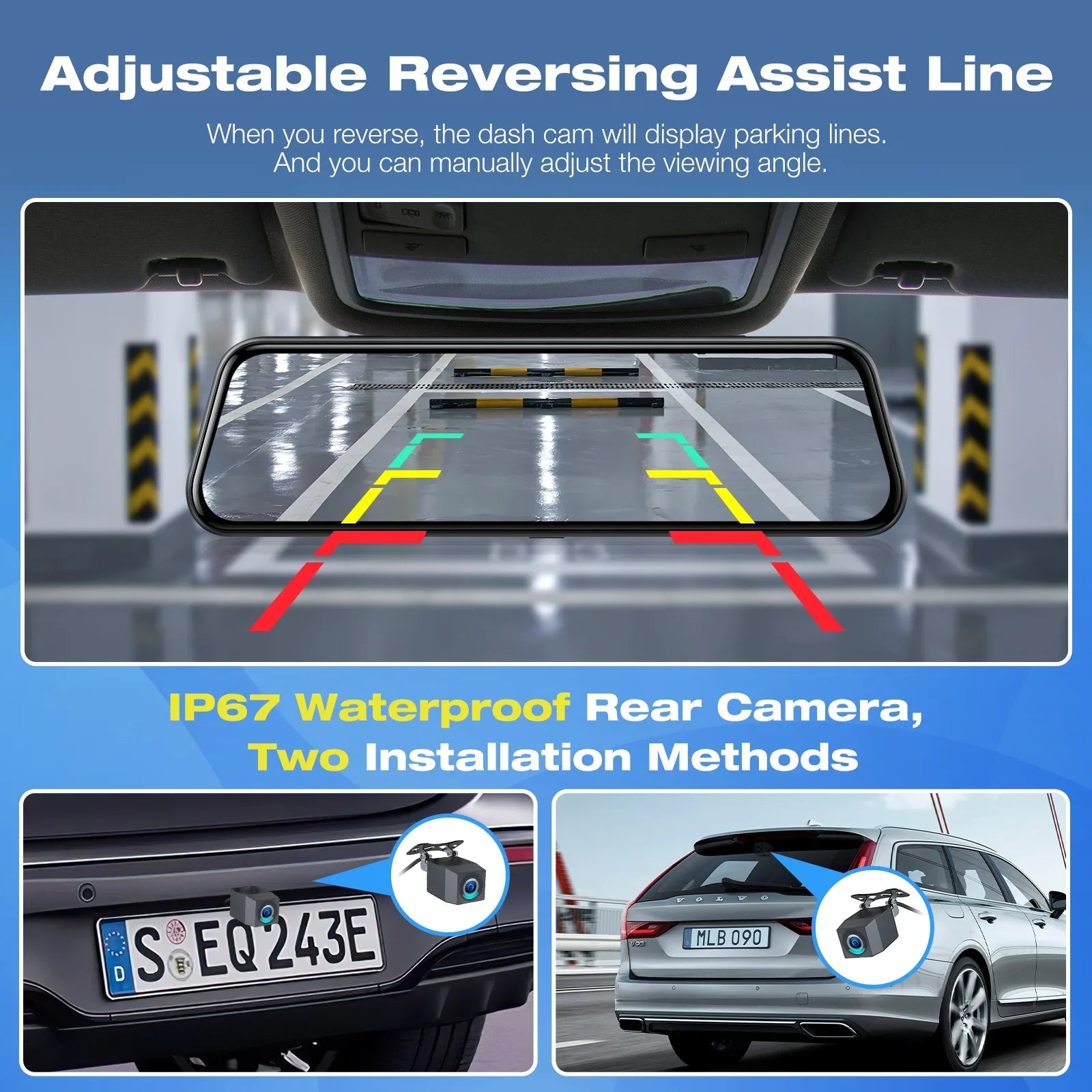 Backup Camera Rear View Mirror Camera, 10" Touch Screen 4K+1080P Front and Rear Dash Cam, with 64GB Memory Card, Parking Assist, Parking Monitoring,
