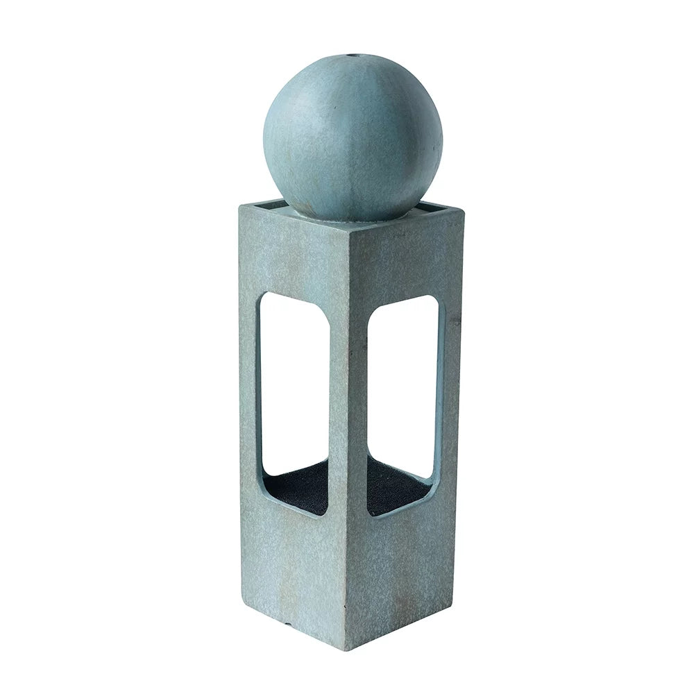 13x13x44" Tall Contemporary Sphere Outdoor Water Fountain, Cement/Concrete Outdoor Fountain, Antique Blue Raindrop Water Feature with Light For Garden, Lawn, Deck & Patio