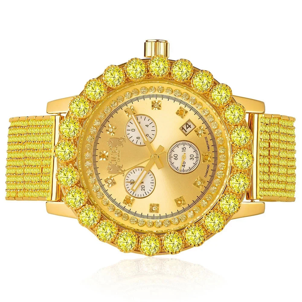 Canary Exclusive Custom Piece Celebrity Inspired Lab Diamonds Gold Tone Iced Out Khronos Jo Rodeo Watch W/Date Function