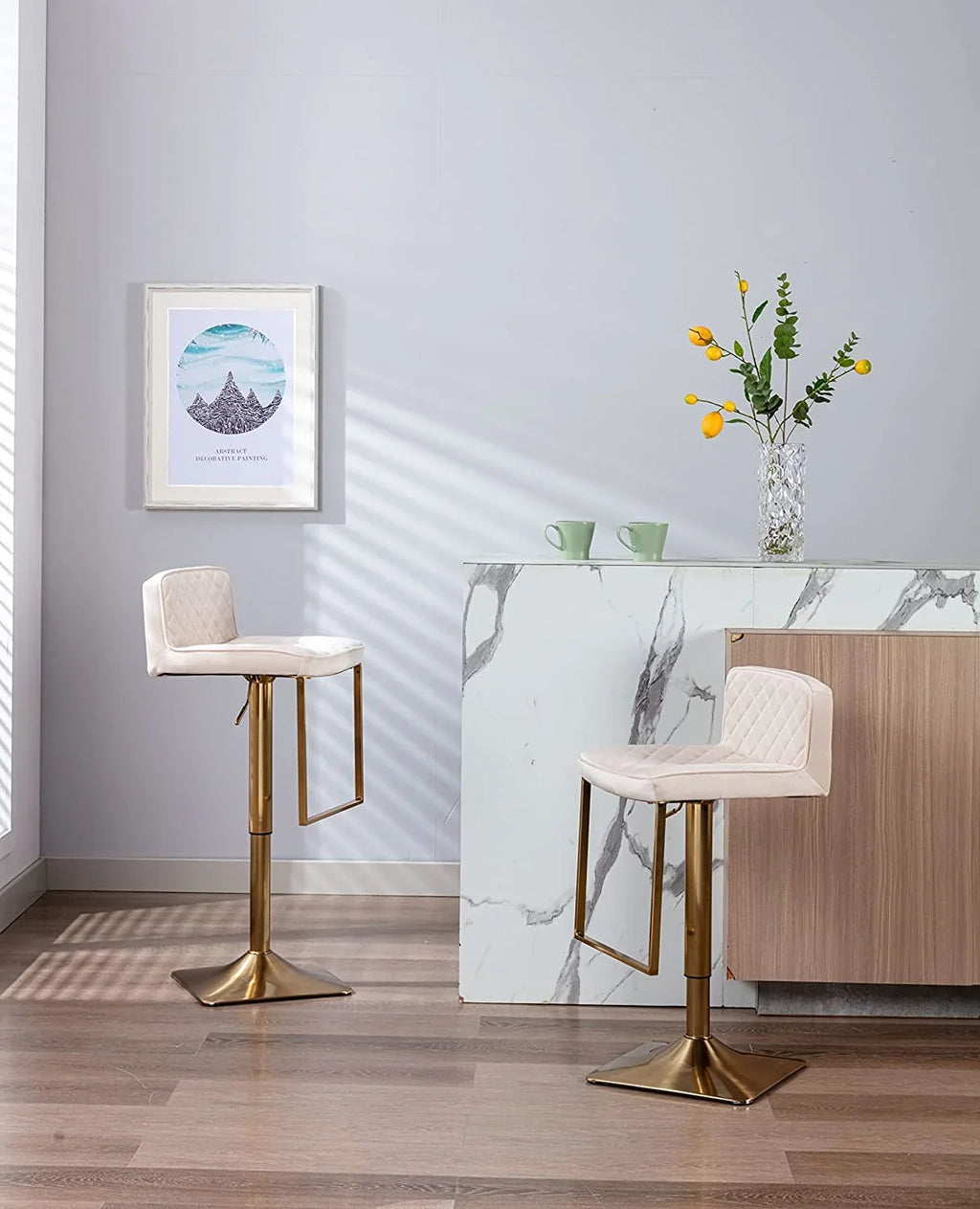 Velvet  Stools  Modern Swivel Counter Height Barstools  Height Adjustable Kitchen Stools for Island  Chairs Island Stools Chair Gold sillas para barra de cocina (Ivory  Set of