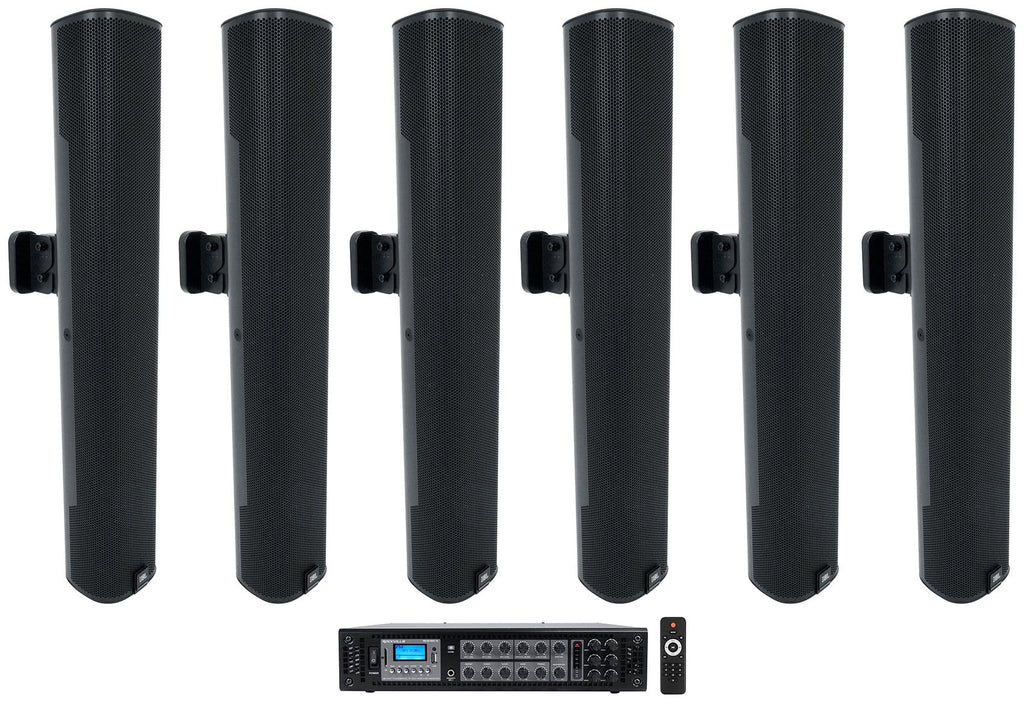 (6)  COL600- 24" Black 70V Commercial Column Wall Mount Array Speakers+Amp