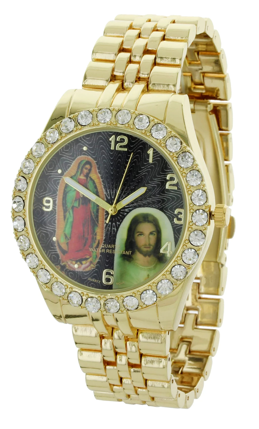 Men's Our Lady of Guadalupe and Jesus Gold-Tone Metal Bracelet Watch with Neckless and Cross Pendent Set
