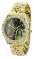 Men's Our Lady of Guadalupe and Jesus Gold-Tone Metal Bracelet Watch with Neckless and Cross Pendent Set