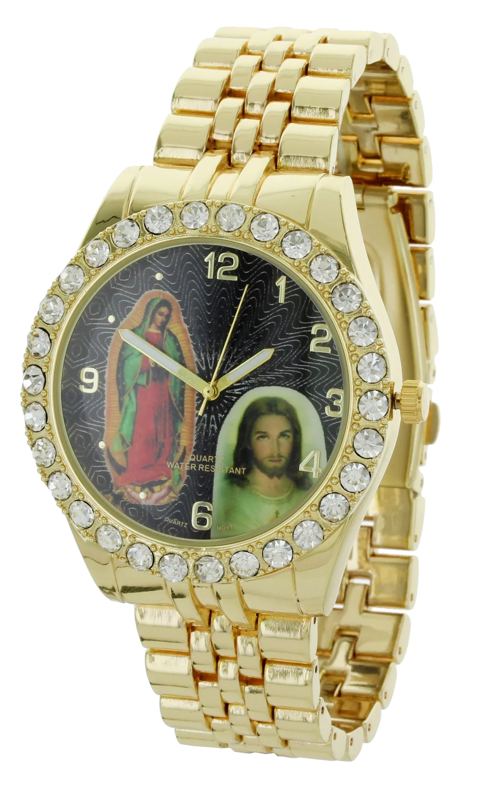 Men's Our Lady of Guadalupe and Jesus Gold-Tone Metal Bracelet Watch with Neckless and Cross Pendent Set
