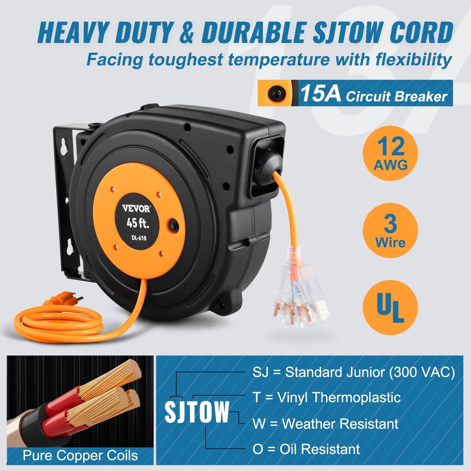 Retractable Extension Cord Reel Power Cord Reel 45FT 12AWG/3C