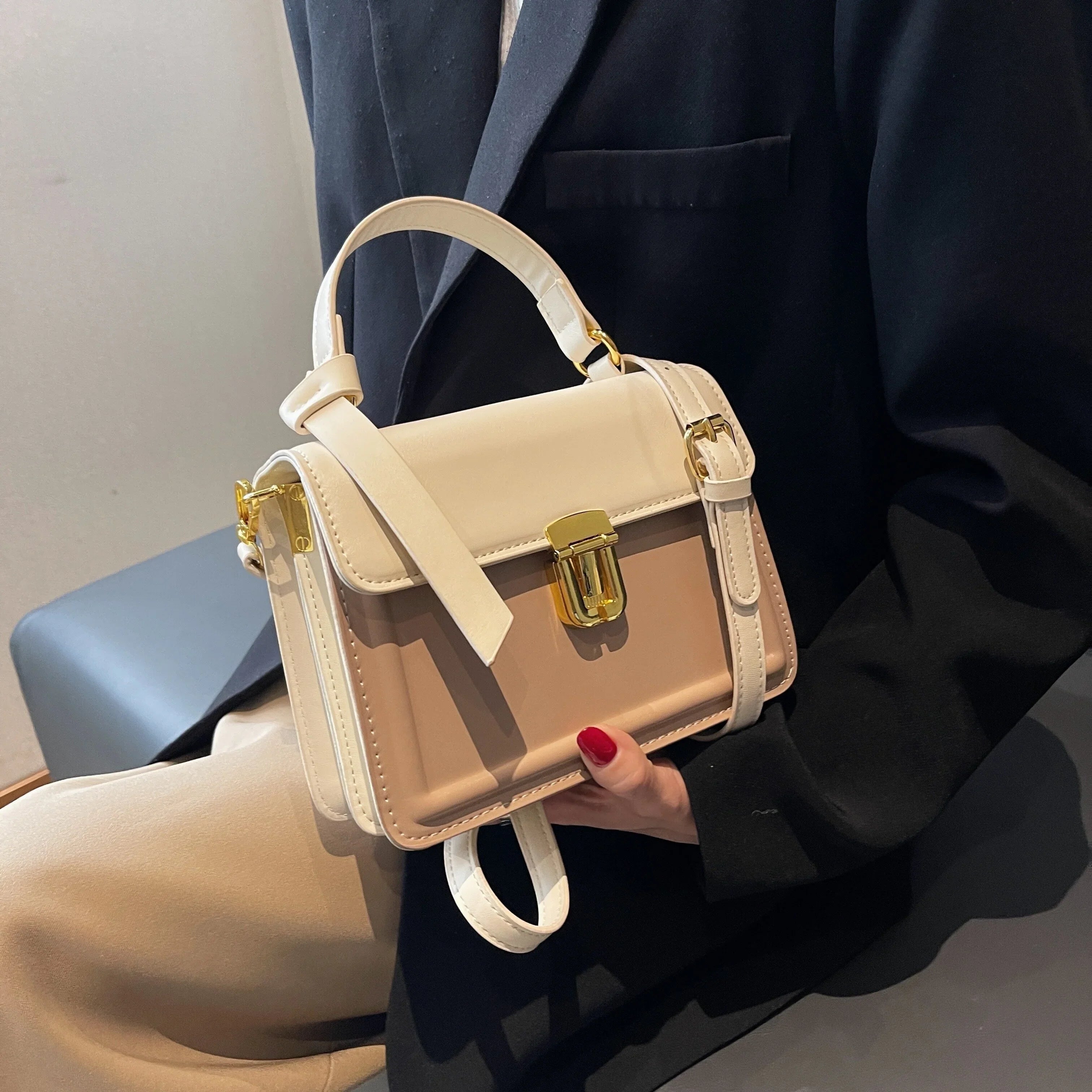 Junior Buckle Decor Handbag, Trendy Square Crossbody Bag, Faux Leather Flap Purse For Women (7.9*5.93*3.16) Inch