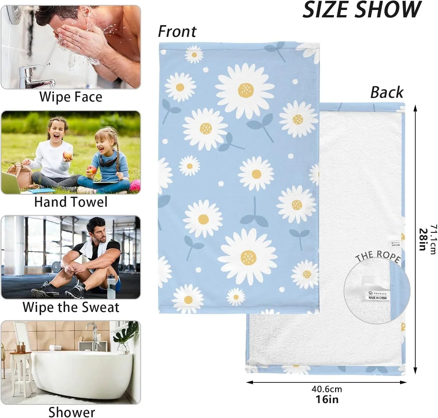 Wellsay Face Hand Towel Set Daisy Flower Blue Cotton Washcloths, Quick-Dry Highly Absorbent Bath Towel- Pack of 2