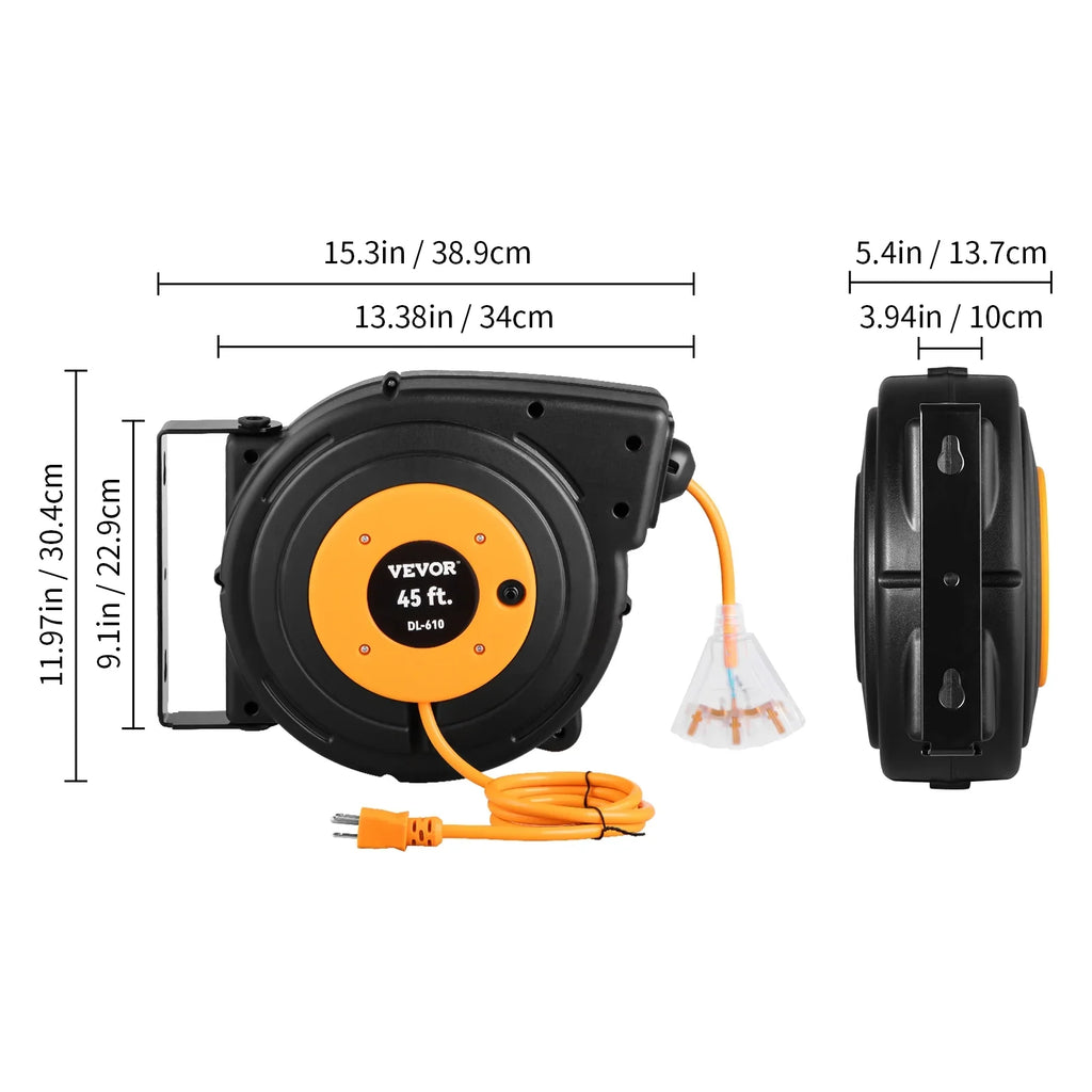 Retractable Extension Cord Reel Power Cord Reel 45FT 12AWG/3C