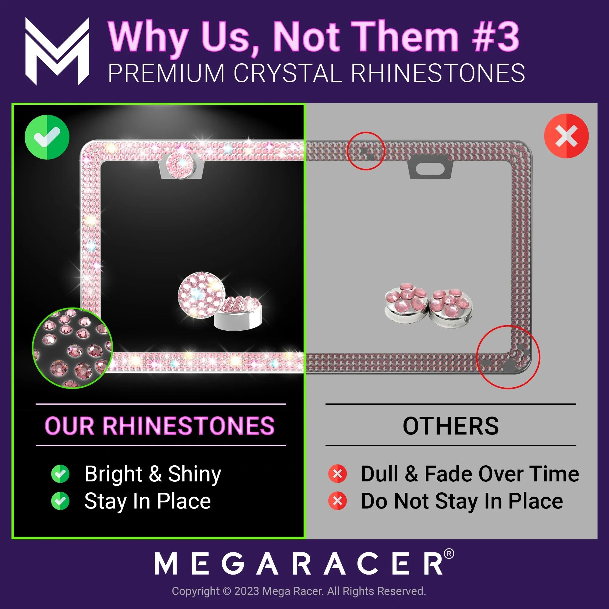 Mega Racer Nissan Rogue Bling License Plate Frames Diamond Pink Rhinestones, 2 Holes with Mounting Screws, Nissan Rogue 2008 - 2023 08 - 23 Sparkly Car License Plate Frame