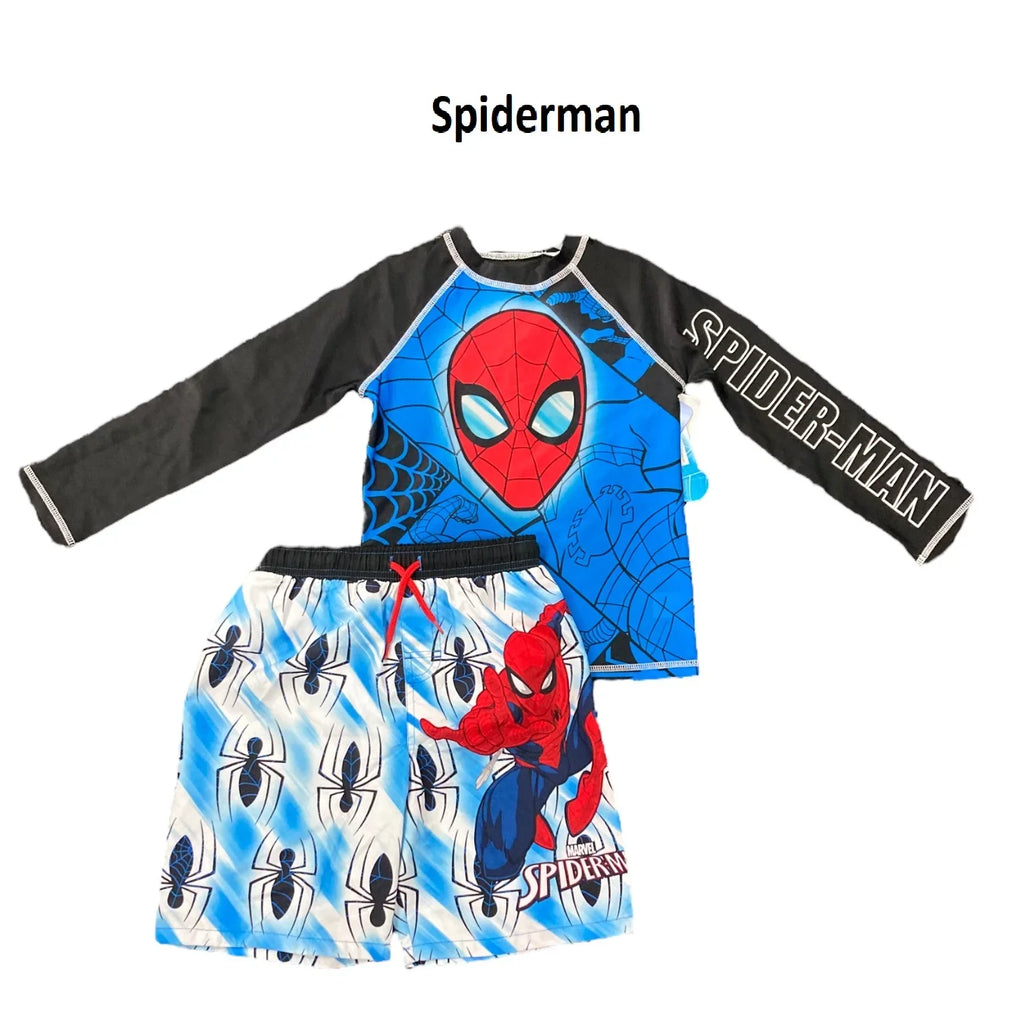 Marvel Spiderman Boy's 2-Piece Long Sleeve Rash Guard & Swim Short Set (Blue Spiderman, 6)