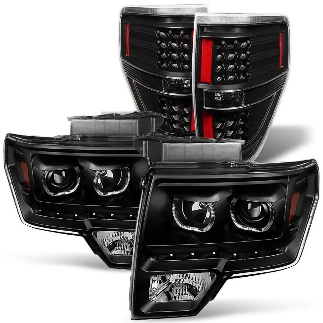 '- For [Dual  Halo Ring] 09-14 F150 F-150 Pickup Truck Black Projector Headlights +  Tail light Set
