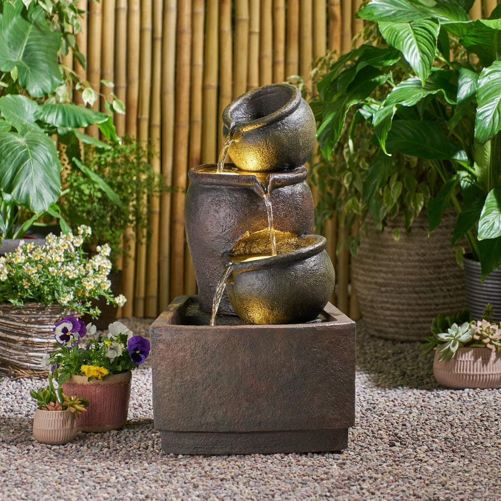 Studio Morrigan Outdoor 3 Tier Jar Fountain, Rustic Multibrown