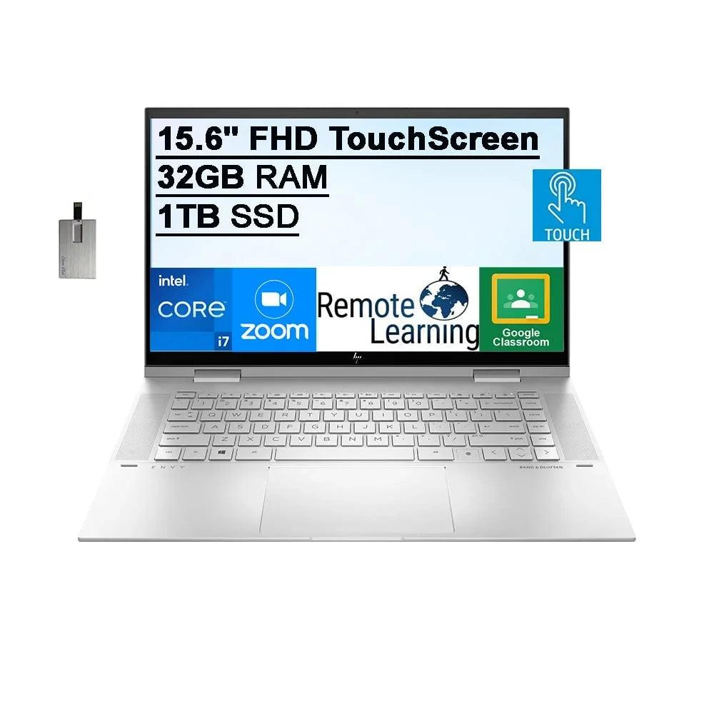 2021 Envy 2-in-1 15.6"  Touchscreen Laptop Computer, 11th Gen Intel Core i7-1195G7, 32GB , 1TB PCIe , Backlit Keyboard, Intel Iris Xe Graphics,  Webcam, Win 11, Silver, 32GB  Card