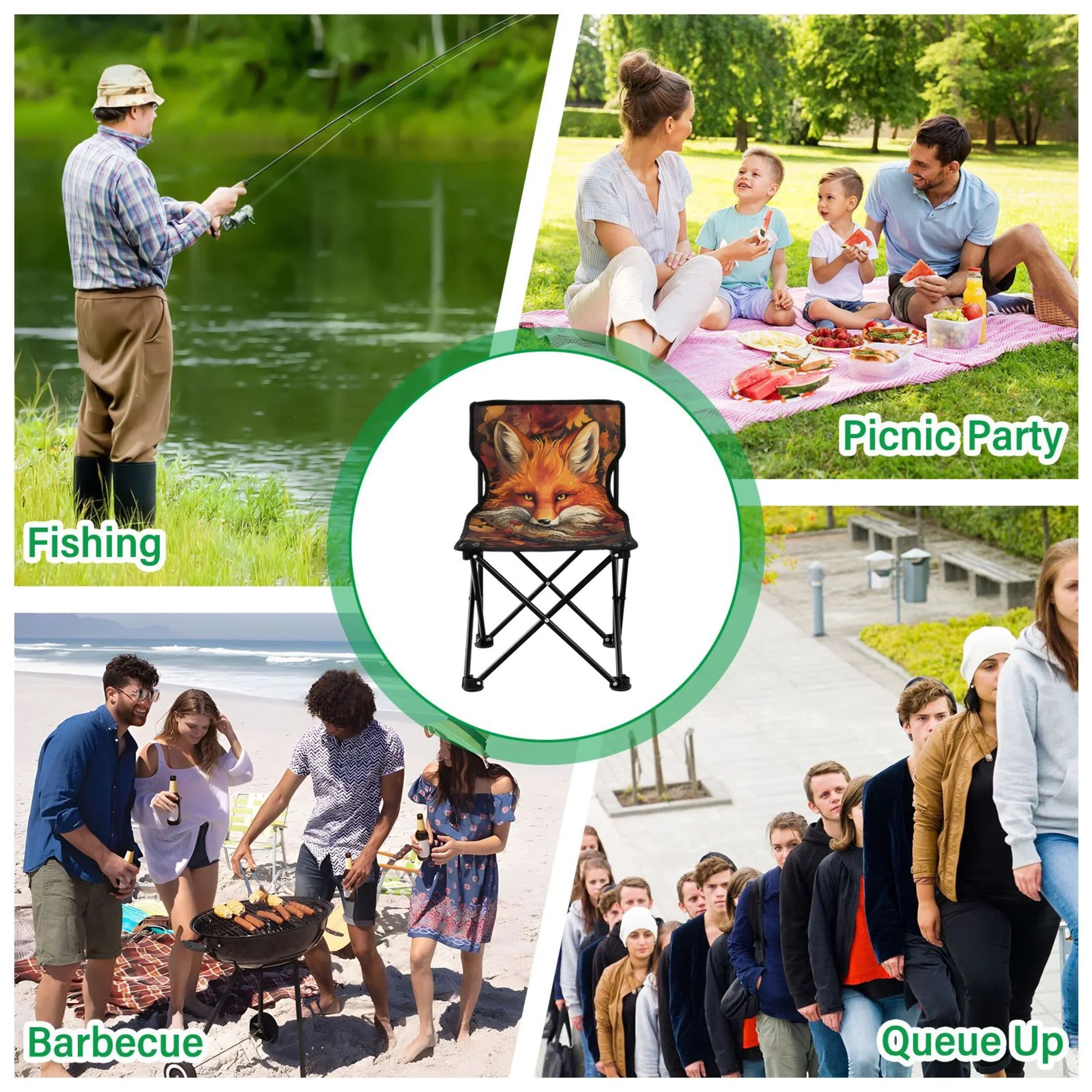 Fox with Autumn Leaves Portable Camping Chair Outdoor Folding Beach Chair Fishing Chair Lawn Chair with Carry Bag Support to 220LBS