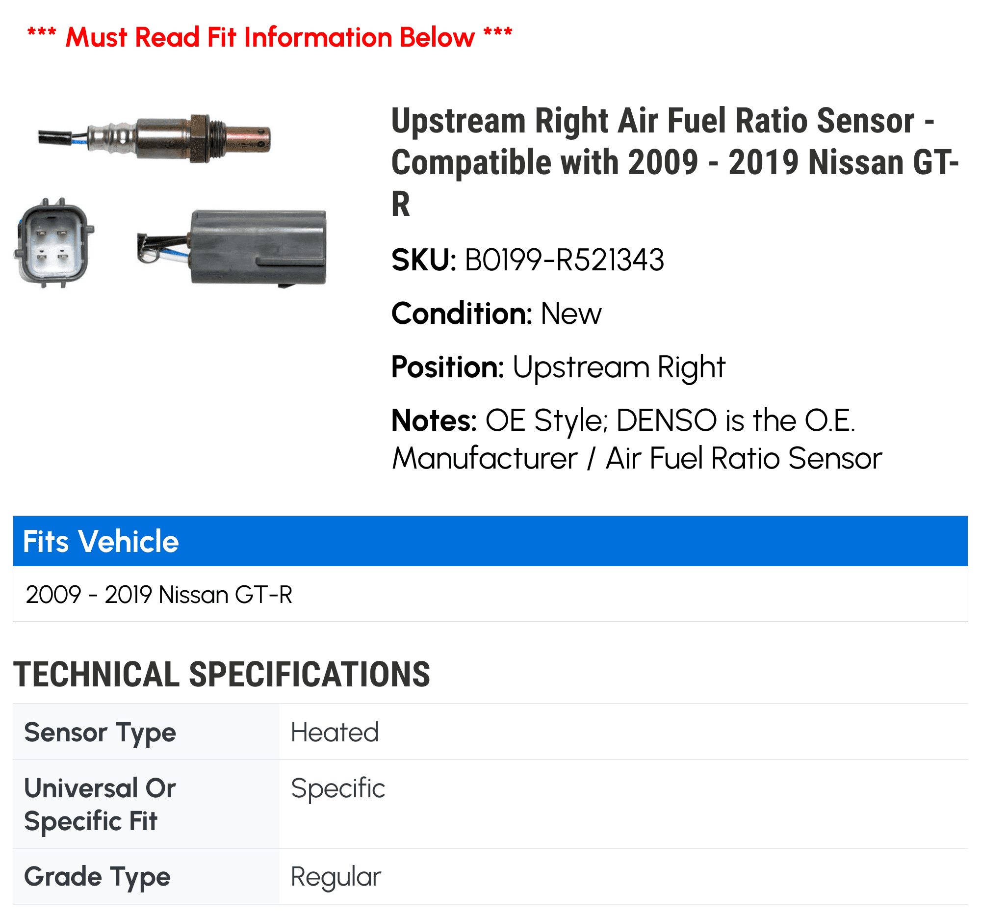 Upstream Right Air Fuel Ratio Sensor - Compatible with 2009 - 2019 Nissan -R 2010 2011 2012 2013 2014 2015 2016 2017 2018