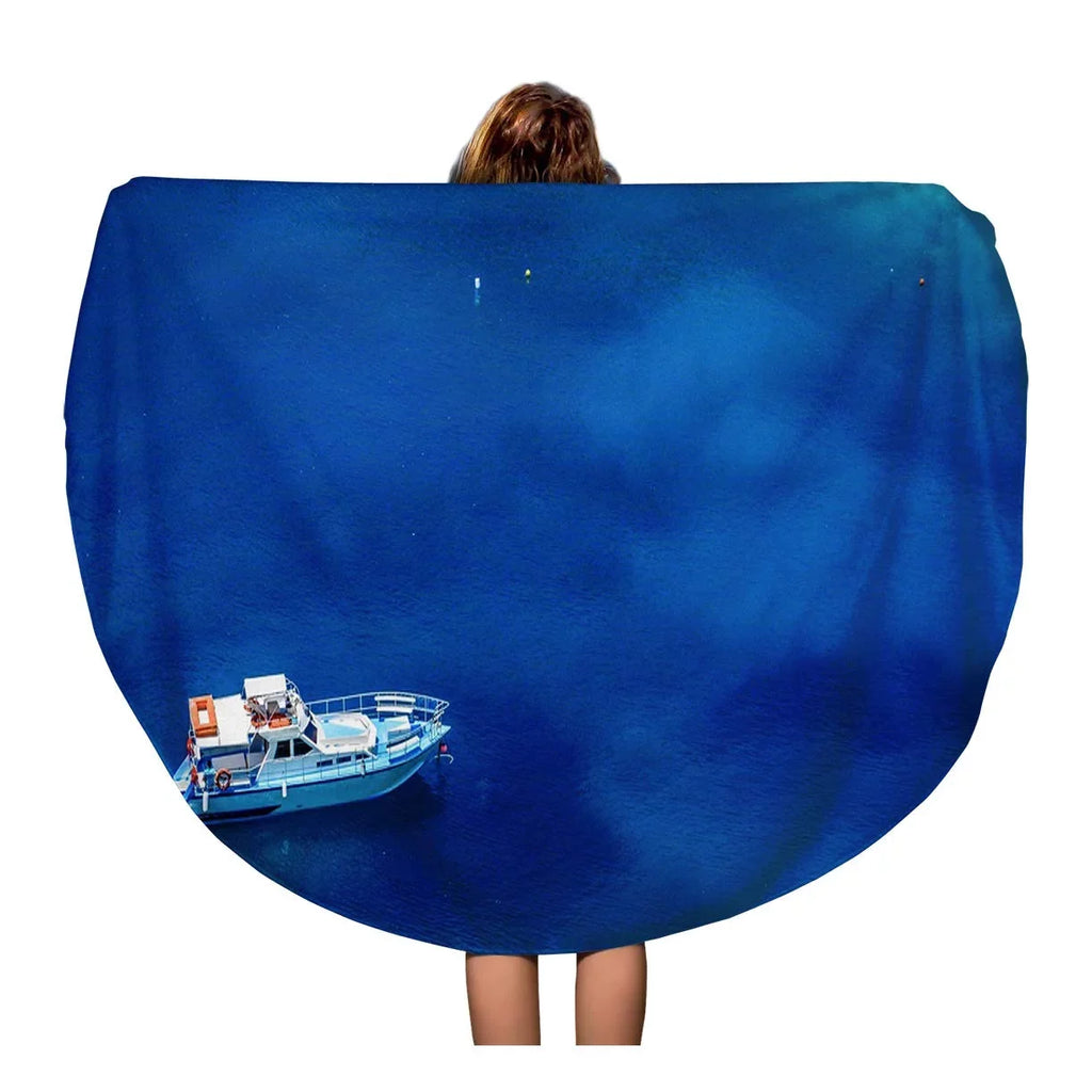 60 inch Round Beach Towel Blanket Boats and Turquoise Water in The Blue Lagoon Travel Circle Circular Towels Mat Tapestry Beach Throw