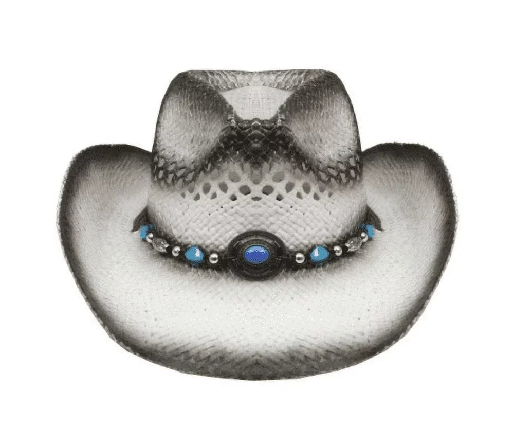 Tea Stain  Straw  w/ Turquoise Blue Beads   Cowgirl