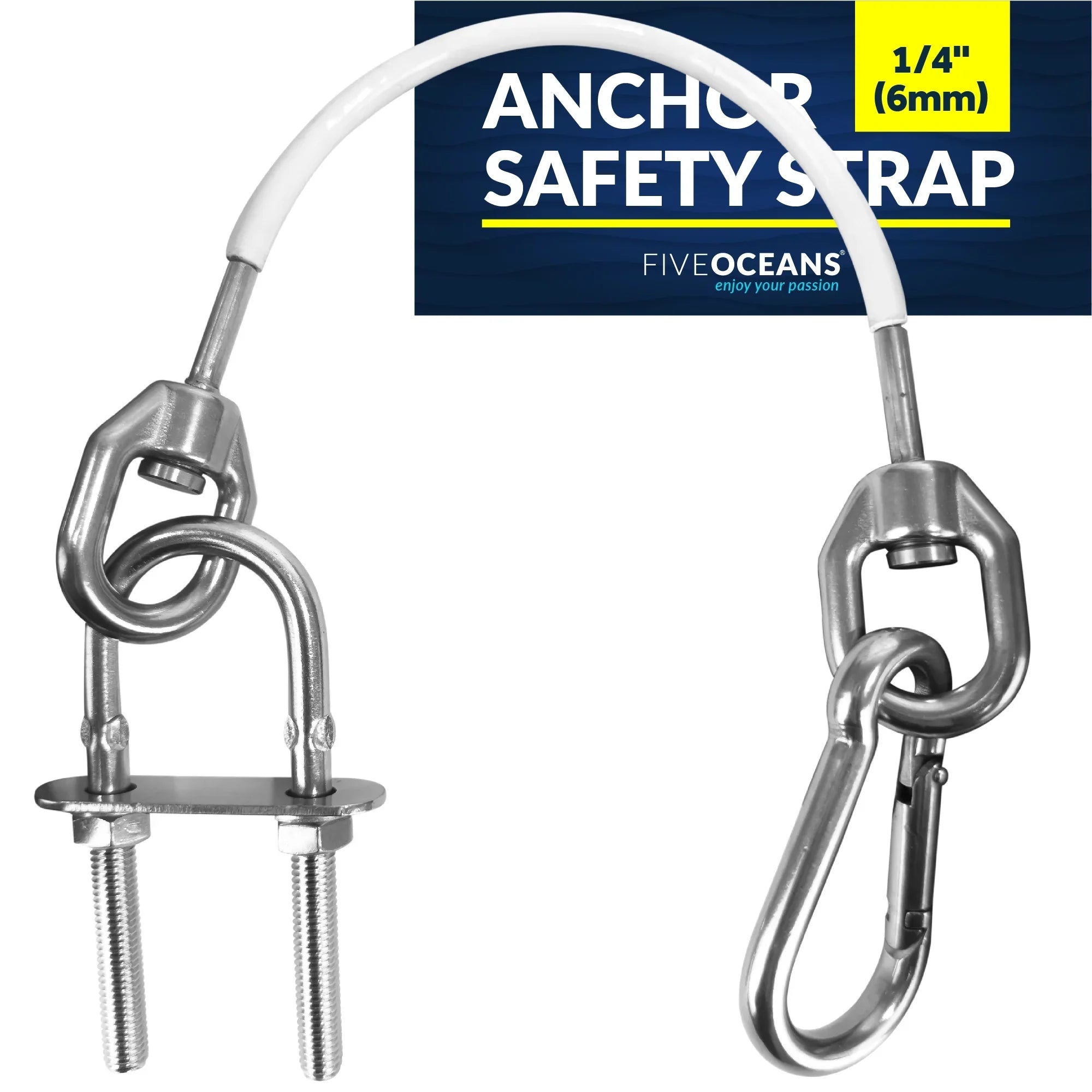 Five Oceans 12-Inch Anchor Safety Straps, Heavy Duty 7x19  Coated Stainless Steel 6mm Wire Rope, Includes 5/16-Inch Carabiner Snap Hook and 5/16-Inch U-Bolt - FO4560