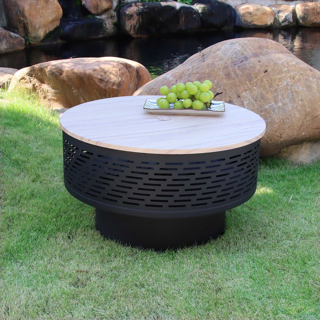 26 inch outdoor portable fire pit table with grill and lid, featuring barbecue, dining table, and campfire functions