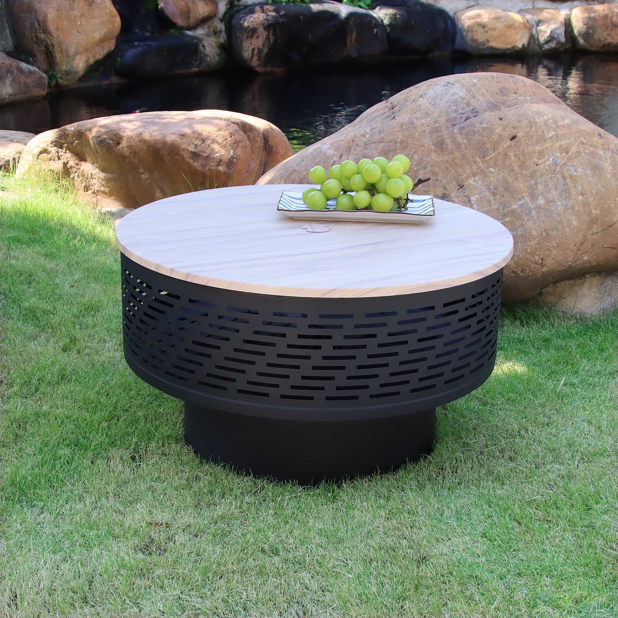 26 inch outdoor portable fire pit table with grill and lid, featuring barbecue, dining table, and campfire functions