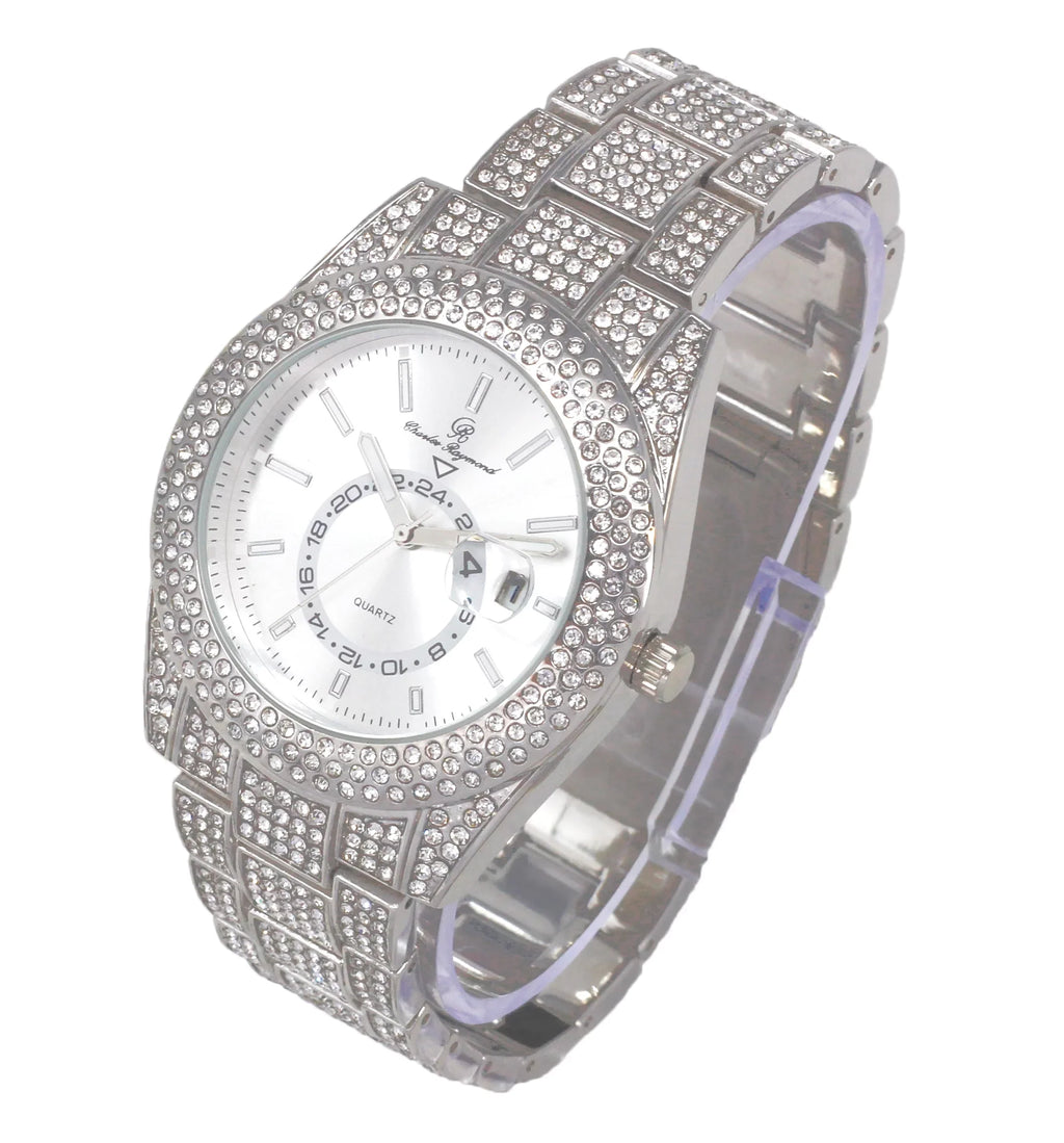 Charles Raymond Ice on Blast! Blinged Out Hip Hop Rolly Looks with Iced Out Wristwatch Trim and Band with Matching Zig Zag Bling'ed Out Necklace Sets -  Necklace Sets - Silver