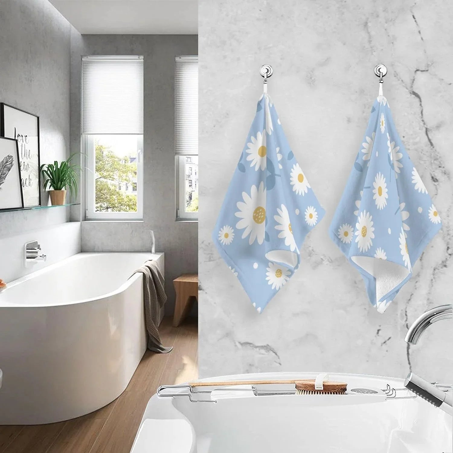 Wellsay Face Hand Towel Set Daisy Flower Blue Cotton Washcloths, Quick-Dry Highly Absorbent Bath Towel- Pack of 2