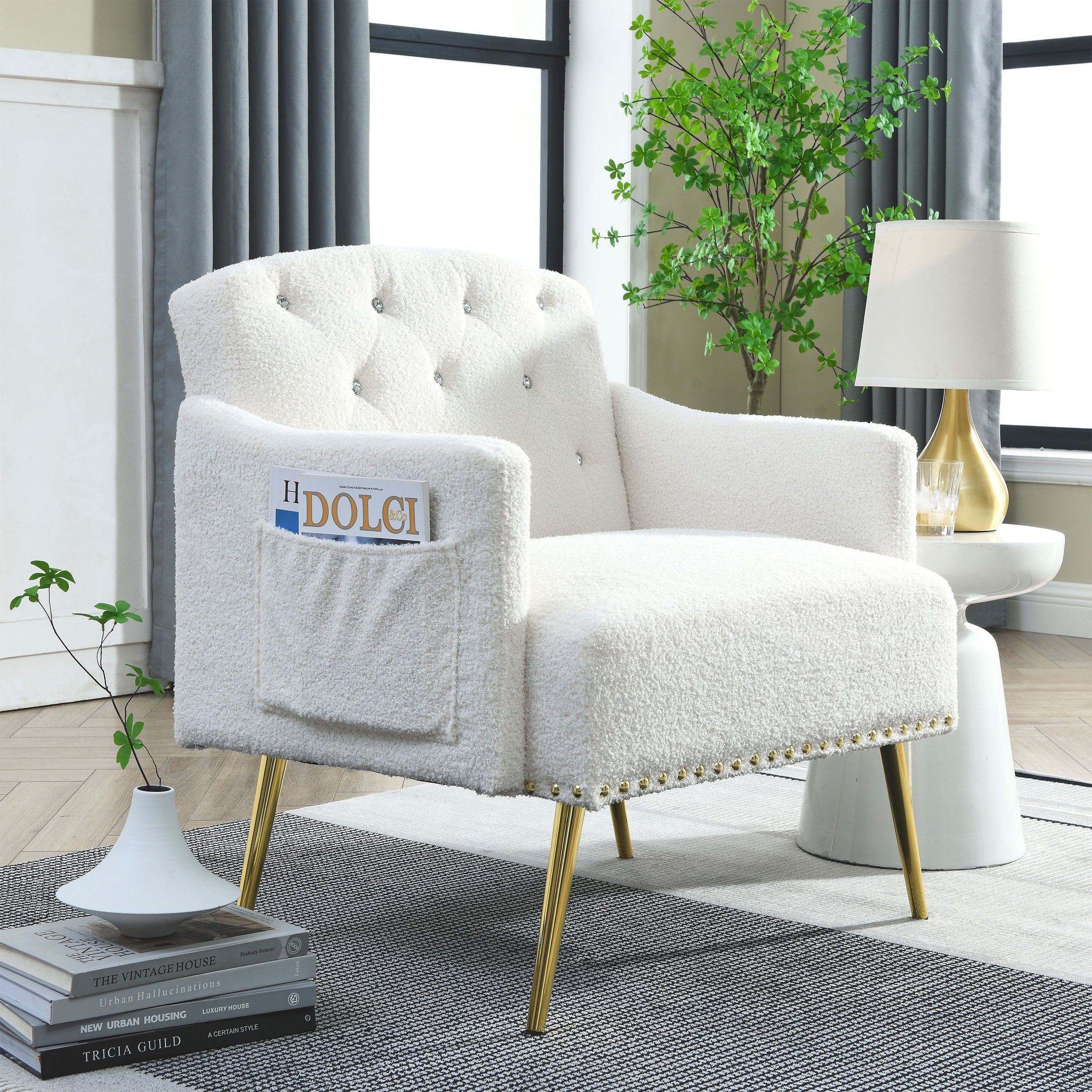 [Video]Welike 30 "W Modern Chesterfield Tufted Upholstered Chair with Deep Buttons, Living Room Chair, Comfortable Armchair, Gold Hardware Legs, Tufted Chair for Reading or Relaxing,