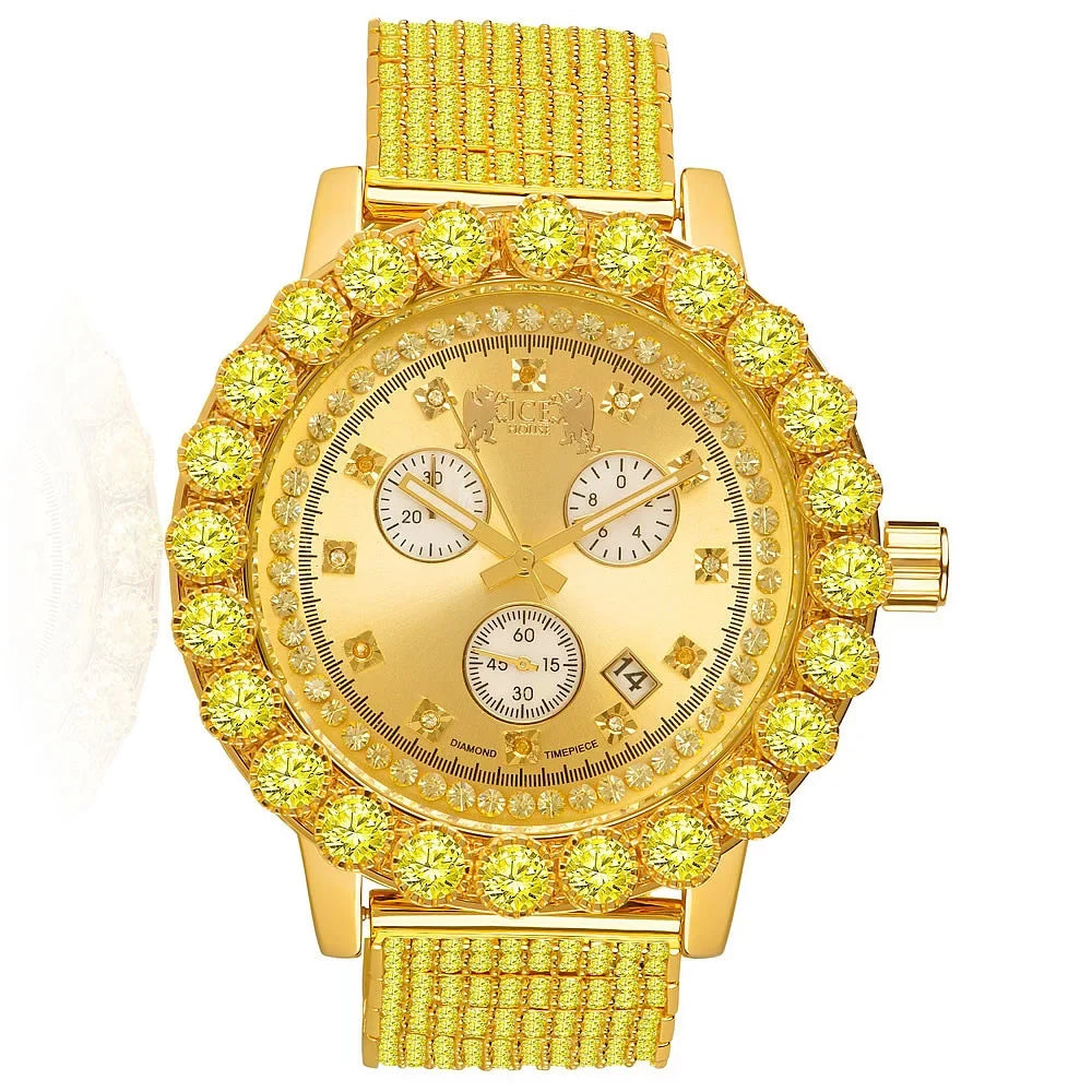 Canary Exclusive Custom Piece Celebrity Inspired Lab Diamonds Gold Tone Iced Out Khronos Jo Rodeo Watch W/Date Function