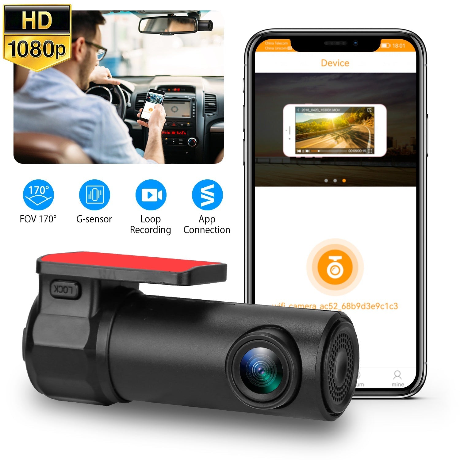 170° WiFi Dash Cam iMounTEK 1080P  Car  Camera Recorder with G-sensor App Wifi Looping Recording 11.2ft Cigarette Lighter Cable