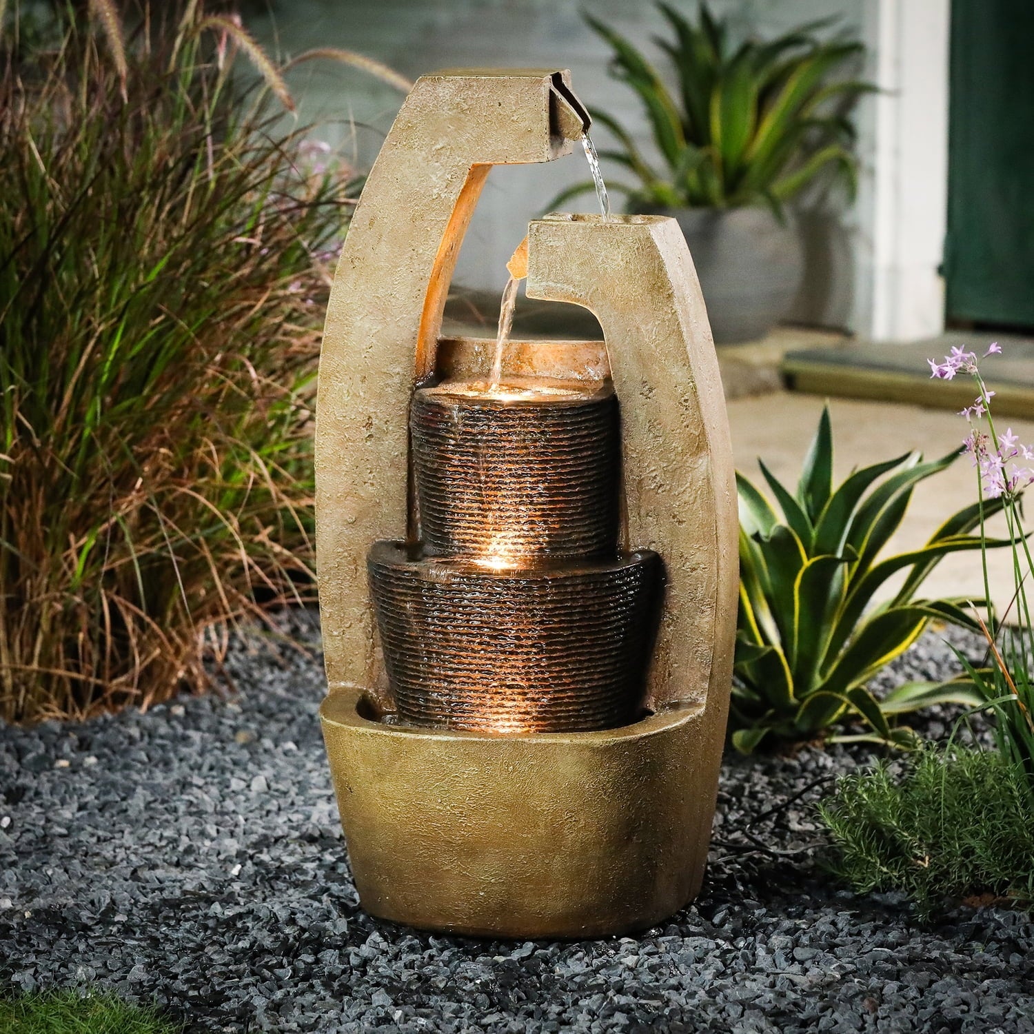 HomeStock Country Cottage Brown Cement Modern Sculpture Outdoor Fountain With Led Light