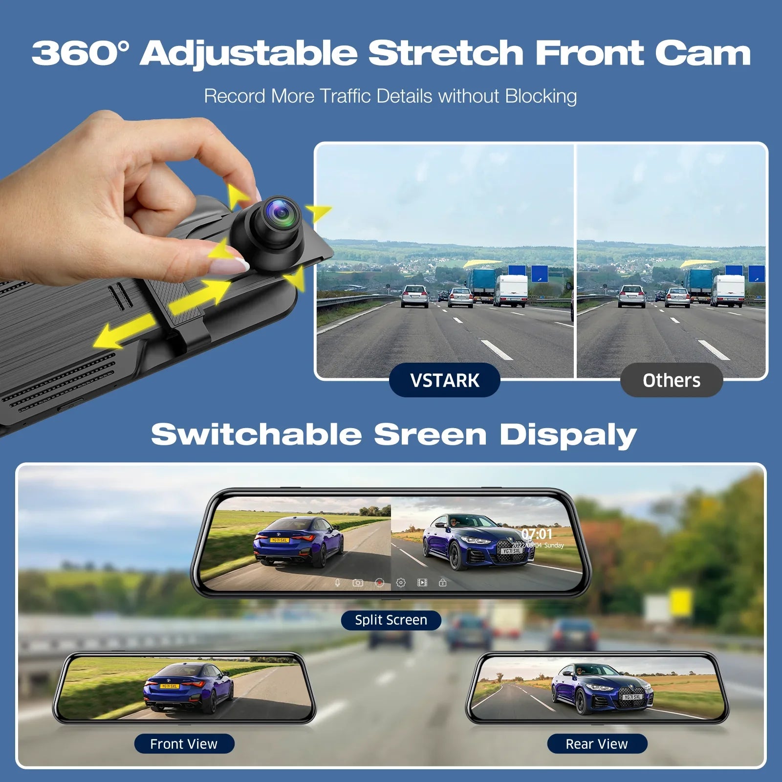 Backup Camera Rear View Mirror Camera, 10" Touch Screen 4K+1080P Front and Rear Dash Cam, with 64GB Memory Card, Parking Assist, Parking Monitoring,