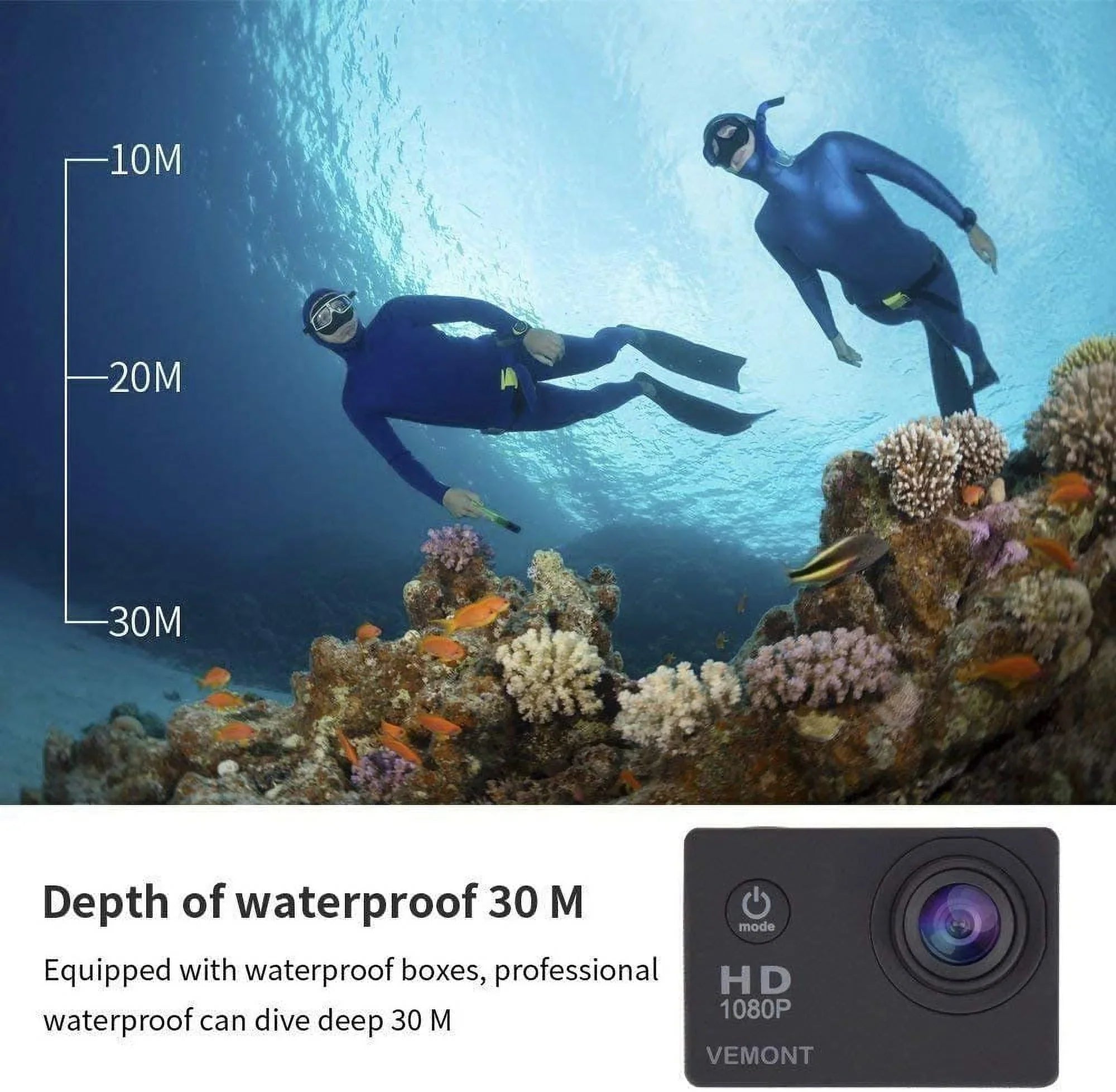Action Camera, 1080P 12MP Sports Camera Full  2.0 Inch Action Cam 30m/98ft Underwater Waterproof Snorkel surf Camera with Wide-Angle Lens and Mounting Accessories Kit Black