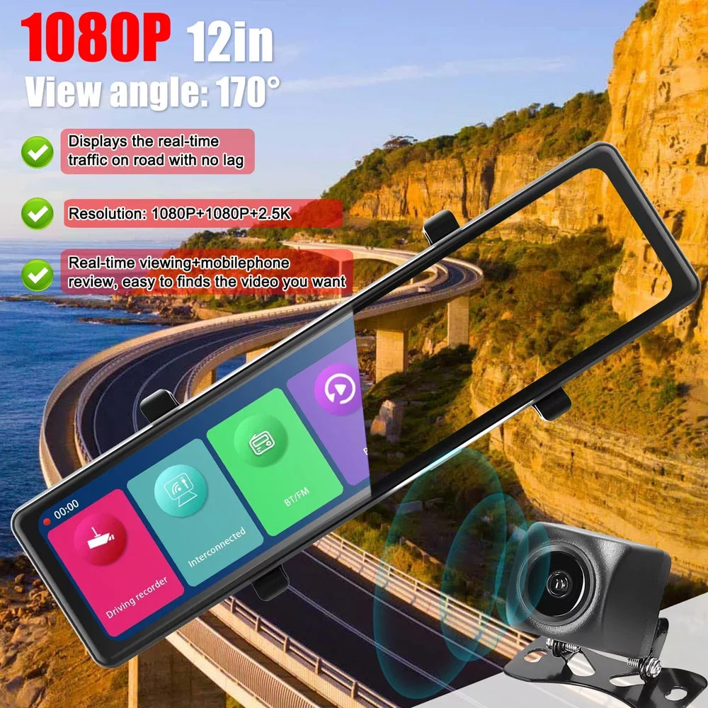 Pinnaco 3 Cameras Dash Cam 2.5K Clear Car Rearview Mirror  Car Video Recording Camcorder Touched Screen Car Camera Recorder Auto Driving Recorder for Enhanced Safety