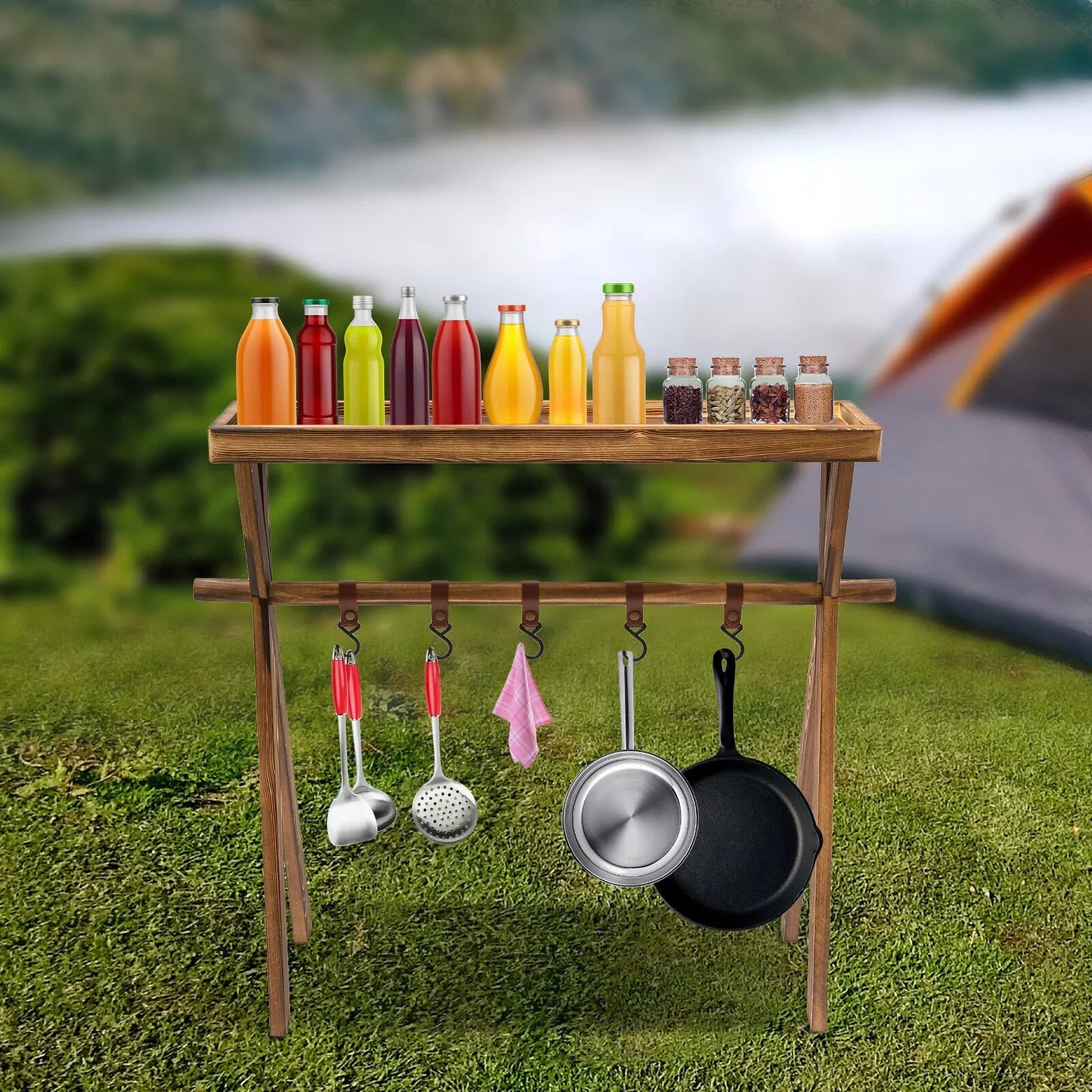 Miumaeov Wooden Portable Picnic Rack Outdoor Grill Rack Storage Table Shelf for Picnic, Camping,
