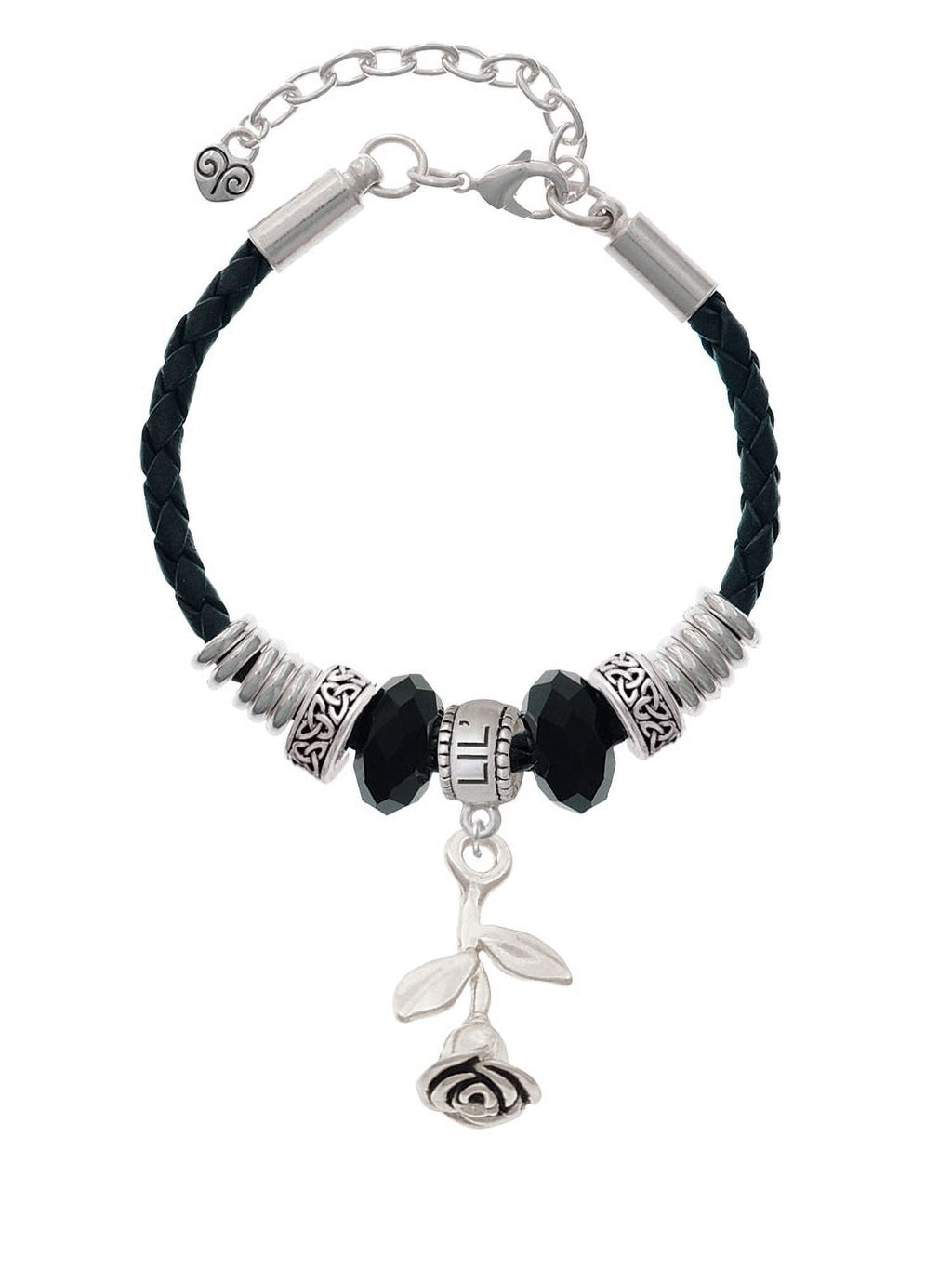 Delight Jewelry Silvertone Stemmed Rose Lil Sister Celtic Knot Leather Bead Bracelet, 7"+2" Extender