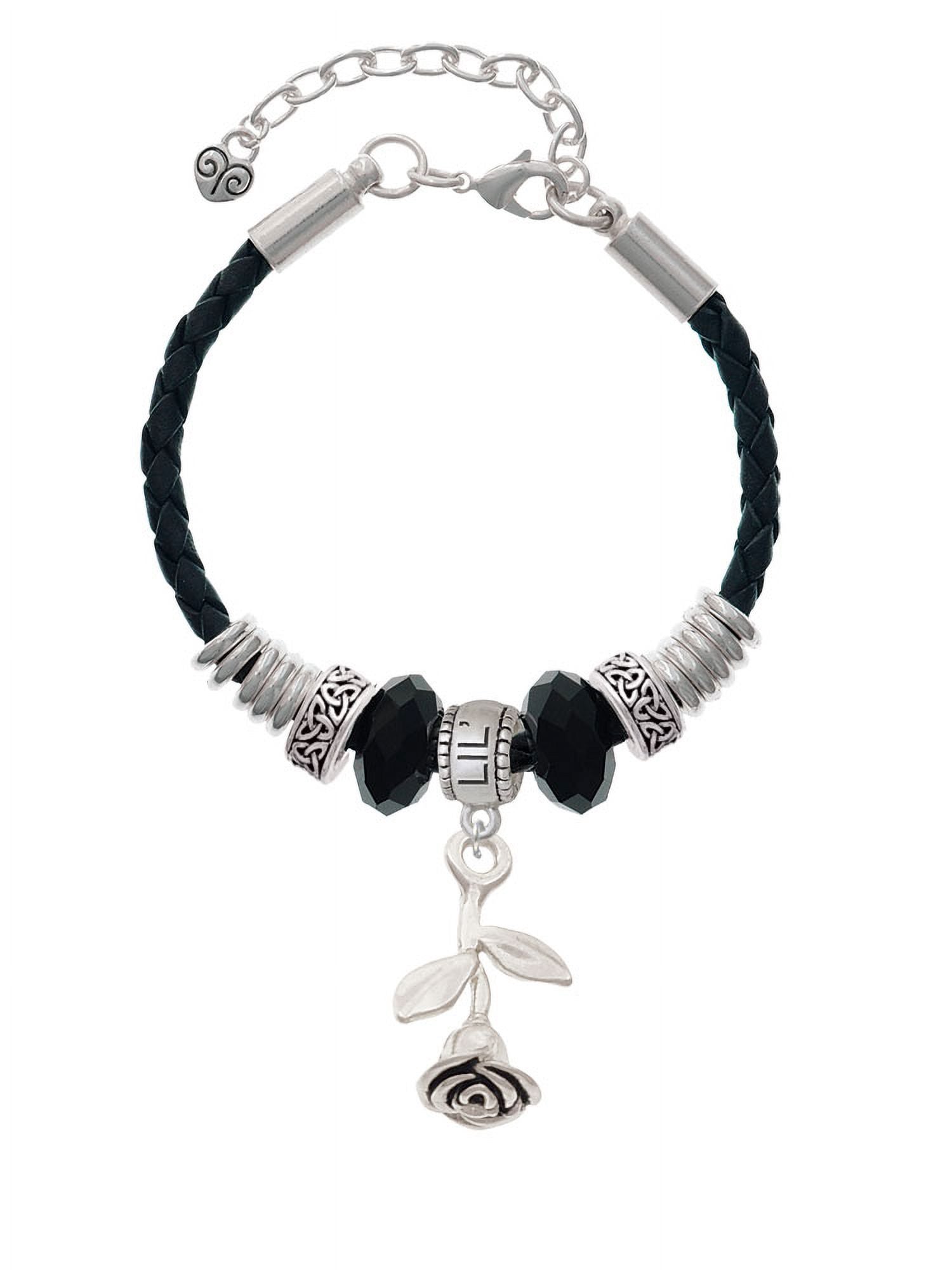 Delight Jewelry Silvertone Stemmed Rose Lil Sister Celtic Knot Leather Bead Bracelet, 7"+2" Extender