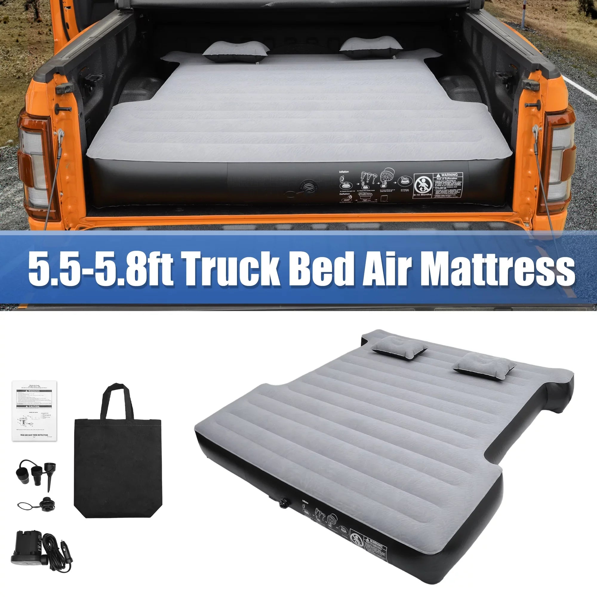 Unique Bargains Universal Inflatable Thickened 5.5-5.8ft Full-Size Short Truck Bed Kit  with Electric Air Pump Gray