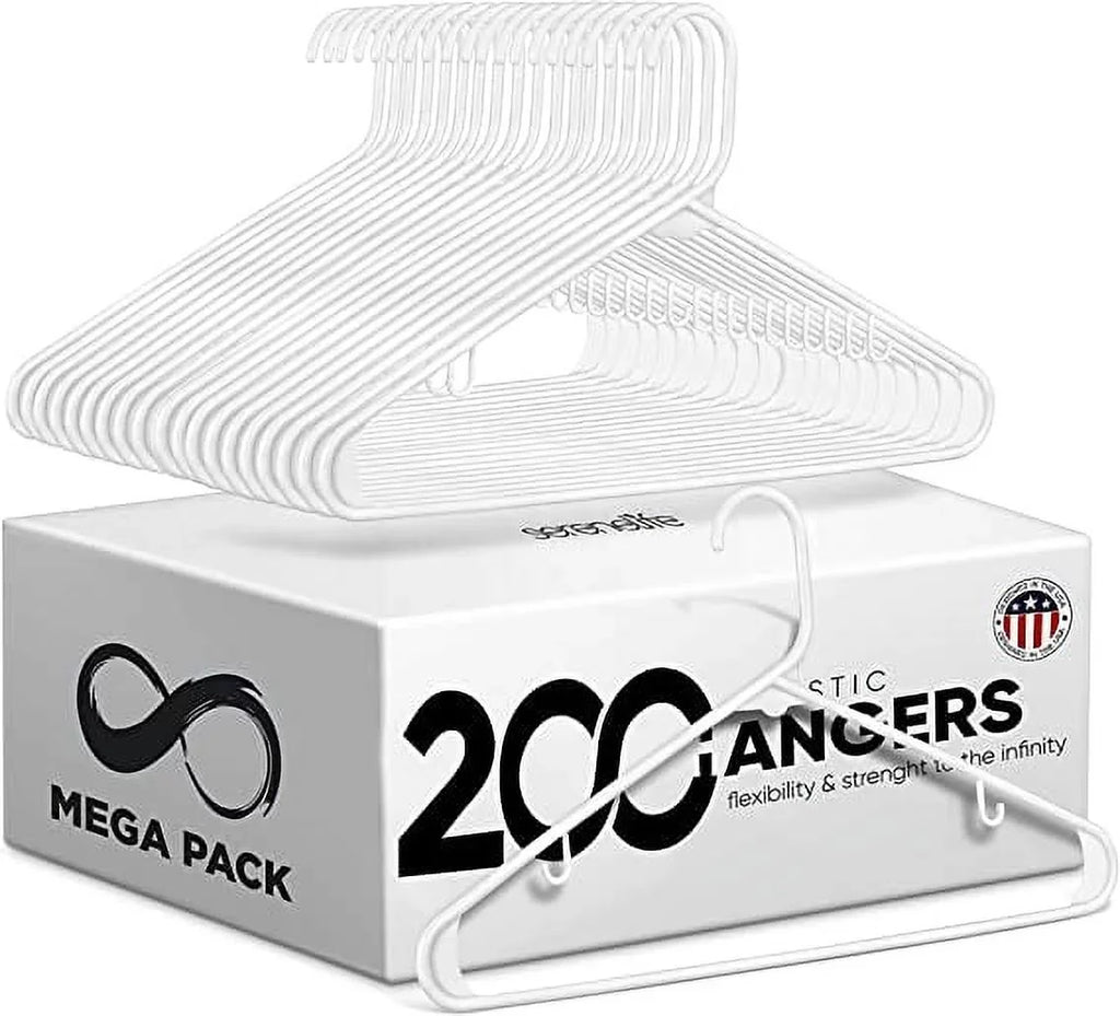 SereneLife White Standard Plastic Hangers, Mega Pack, 200 Pieces Hangers for Clothes