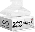 SereneLife White Standard Plastic Hangers, Mega Pack, 200 Pieces Hangers for Clothes