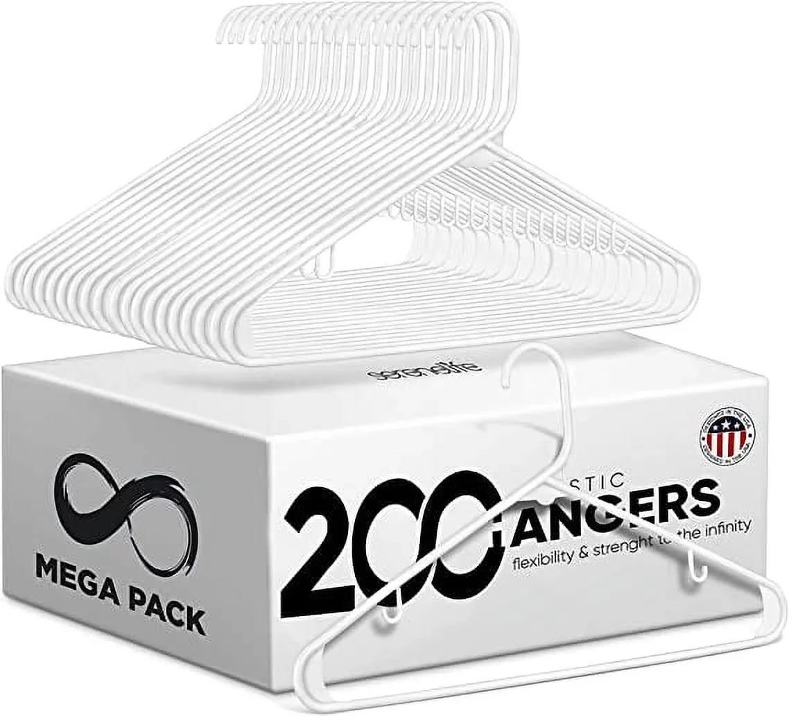 SereneLife White Standard Plastic Hangers, Mega Pack, 200 Pieces Hangers for Clothes